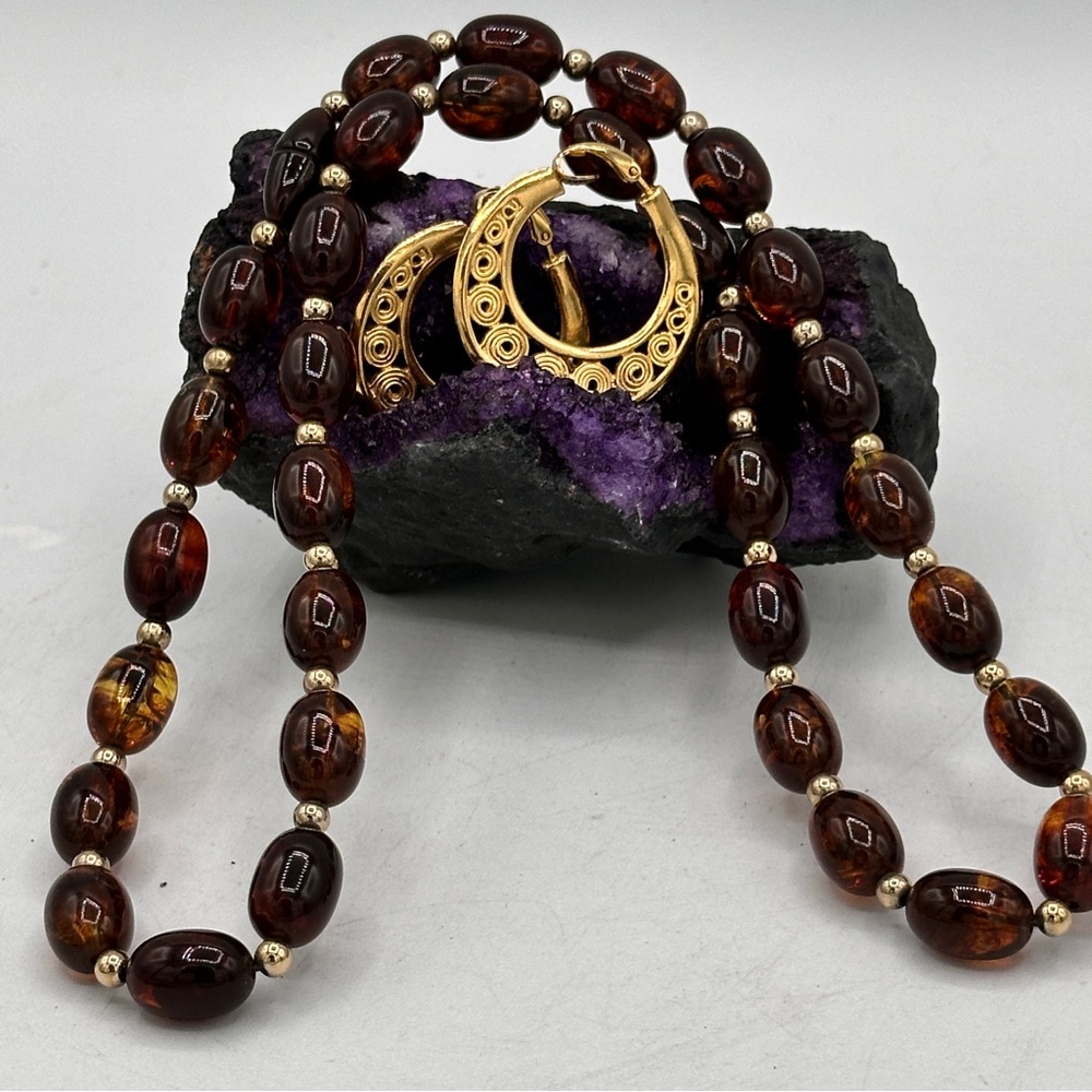 Gold and Brown Beaded Necklace with gold tone clip on hoop earrings